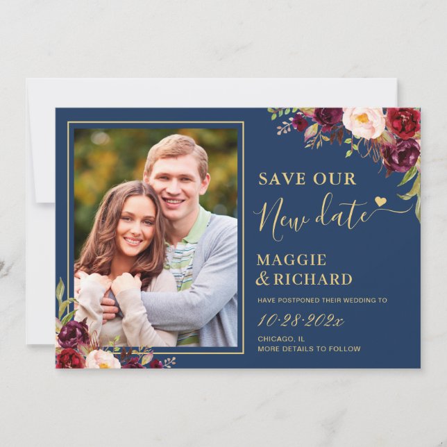 Burgundy Red Floral Navy Blue Wedding Postponed Save The Date (Front)