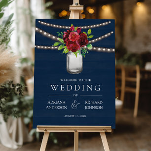 Burgundy Red Floral Navy Blue Wedding Welcome Sign