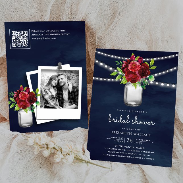 Burgundy Red Floral Navy QR Code Bridal Shower Invitation (Creator Uploaded)