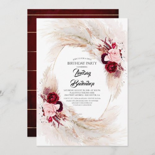Burgundy Red Floral Pampas Grass Birthday Party Invitation