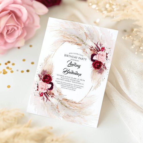 Burgundy Red Floral Pampas Grass Birthday Party Invitation