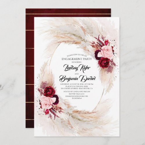 Burgundy Red Floral Pampas Grass Engagement Party Invitation
