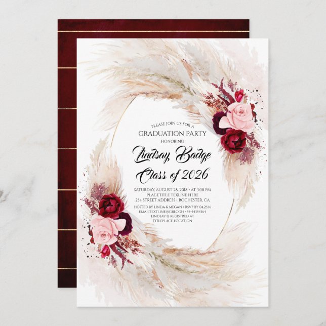 Burgundy Red Floral Pampas Grass Graduation Party Invitation (Front/Back)