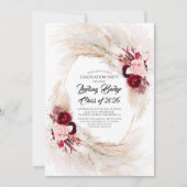 Burgundy Red Floral Pampas Grass Graduation Party Invitation (Front)