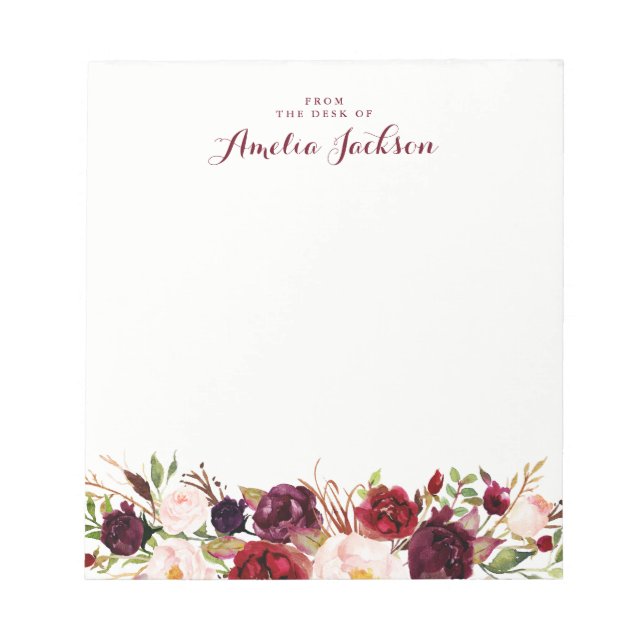 Burgundy Red Floral Personalized Social Stationery Notepad (Front)