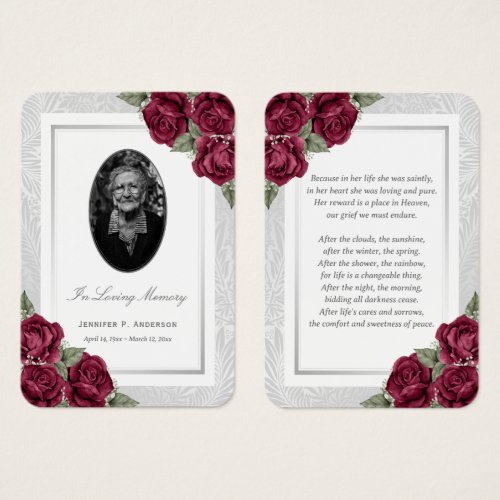 Burgundy Red Floral Photo Funeral Prayer Card