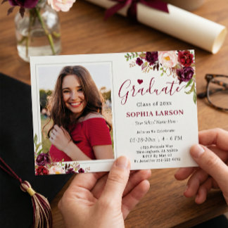 Burgundy Red Floral Photo Graduation Celebration Invitation