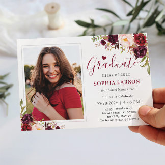 Burgundy Red Floral Photo Graduation Celebration Invitation