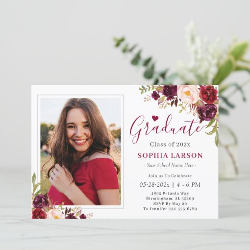 Burgundy Red Floral Photo Graduation Celebration Invitation | Zazzle