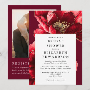 Burgundy Red Floral Photo QR Code Bridal Shower Invitation
