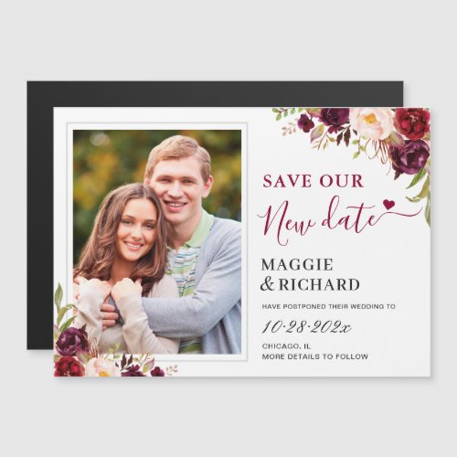 Burgundy Red Floral Photo Save Our New Date Magnet - Burgundy Red Floral Photo Save Our New Date Magnetic Card