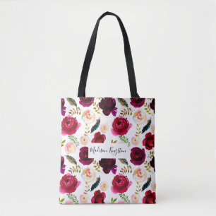 Burgundy Red Floral Pink Boho Womans Tote Bag