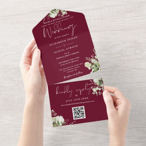 Burgundy Red Floral QR Code Formal Wedding All In One Invitation
