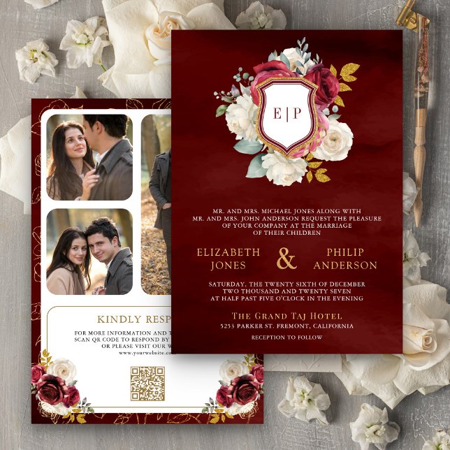 Burgundy Red Floral QR Code Photo Crest Wedding Invitation (Creator Uploaded)