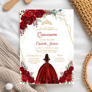Burgundy Red Floral Quinceanera Birthday Invitation