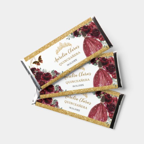 Burgundy Red Floral Quinceaera Butterflies Crown Hershey Bar Favors