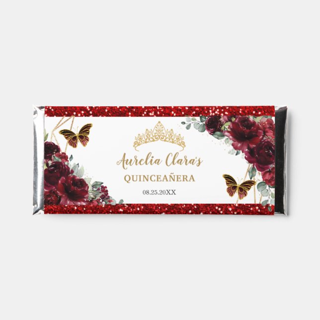 Burgundy Red Floral Quinceañera Butterflies Crown  Hershey Bar Favors (Front)