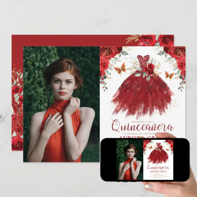 Burgundy Red Floral Quinceañera Princess Photo Invitation | Zazzle