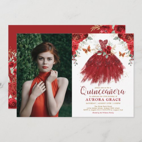 Burgundy Red Floral Quinceaera Princess Photo Invitation