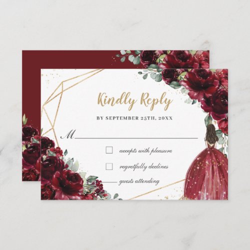 Burgundy Red Floral Quinceaera Princess Reply  RSVP Card