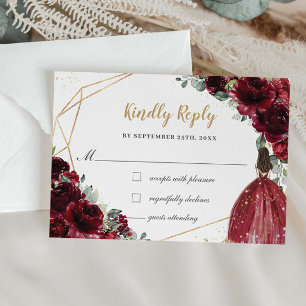 Burgundy Red Floral Quinceañera Princess Reply RSVP Card