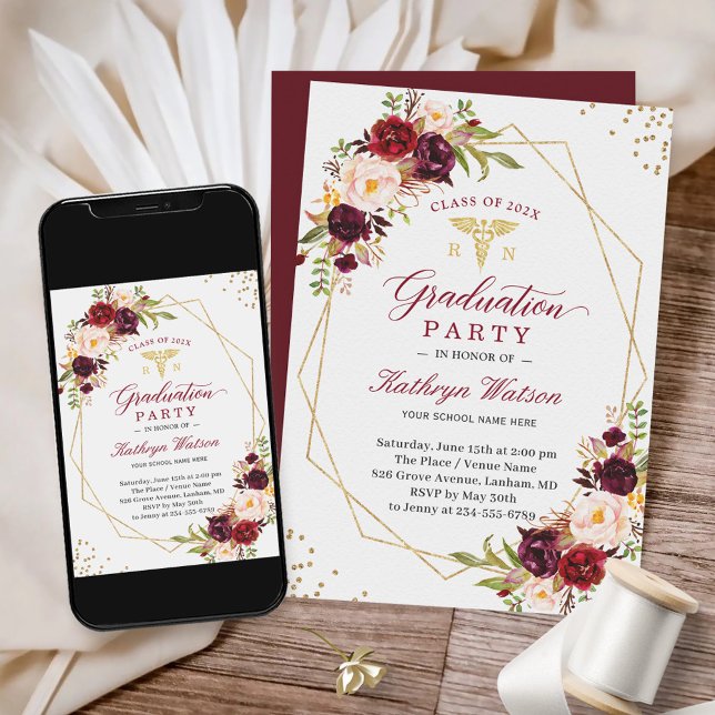Burgundy Red Floral Registered Nurse Graduation Invitation (Creator Uploaded)