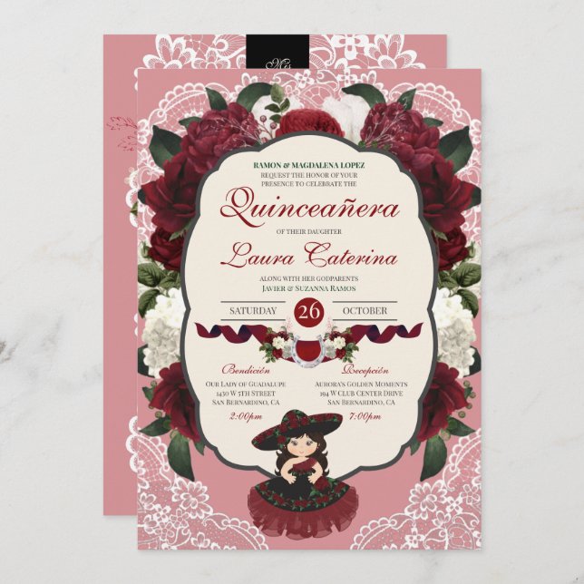 Burgundy Red Floral Rose Charro Quinceanera Invitation (Front/Back)