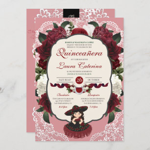 Burgundy Red Floral Rose Charro Quinceanera Invitation