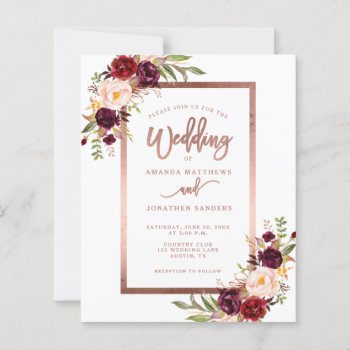 Burgundy Red Floral Rose Gold Script Wedding by epclarke at Zazzle