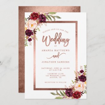 Burgundy Red Floral Rose Gold Script Wedding Invitation by epclarke at Zazzle