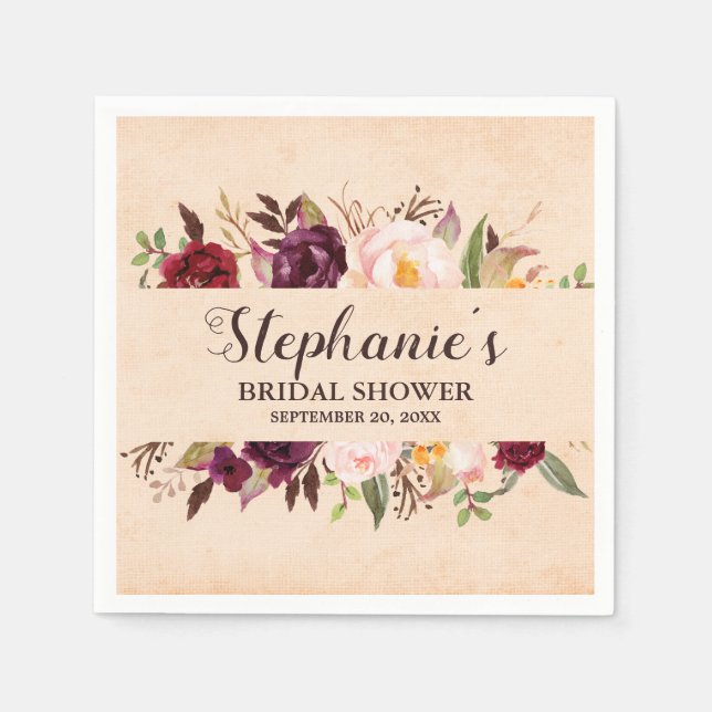 Burgundy Red Floral Rustic Boho Bridal Shower Napkins (Front)
