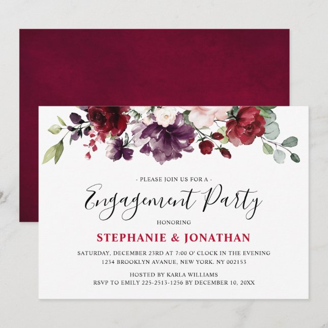 Burgundy Red Floral Rustic Boho Engagement Invitation (Front/Back)