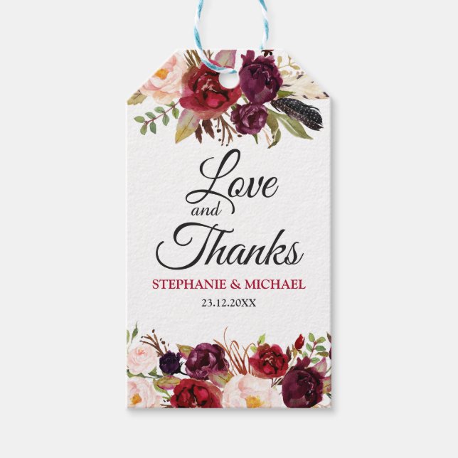 Burgundy Red Floral Rustic Boho Gift tag (Front)