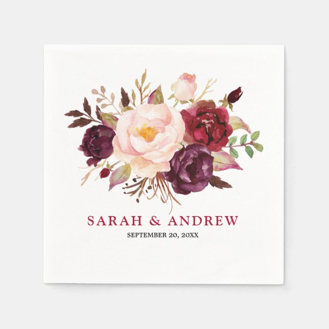 Burgundy Red Floral Rustic Boho Paper Napkin (Front)