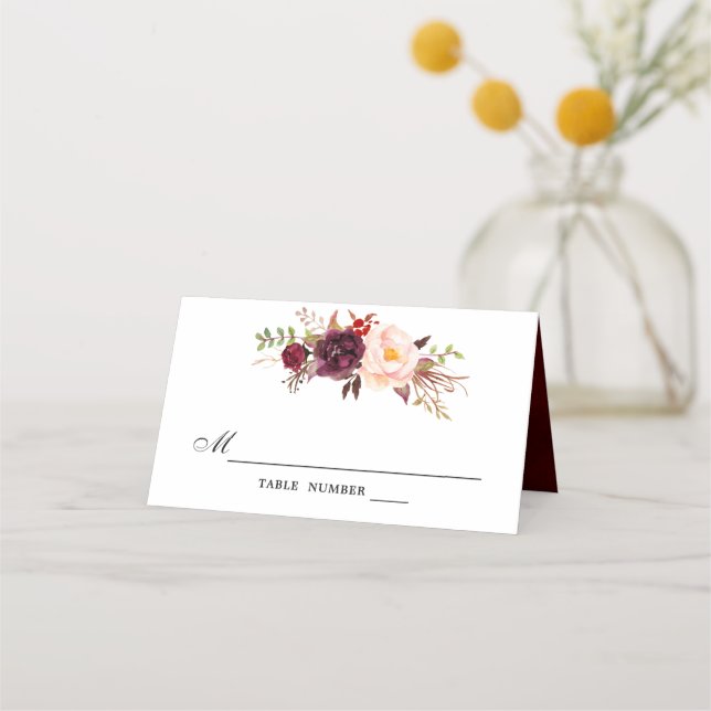 Burgundy Red Floral Rustic Boho Place Card (Front)