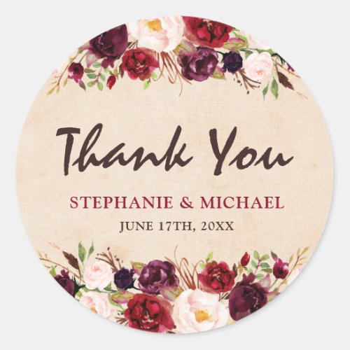 Burgundy Red Floral Rustic Boho Thank You Classic Round Sticker