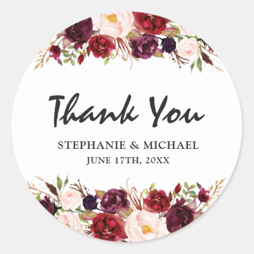 Burgundy Red Floral Rustic Boho Thank You Classic Round Sticker