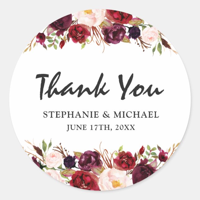 Burgundy Red Floral Rustic Boho Thank You Classic Round Sticker (Front)