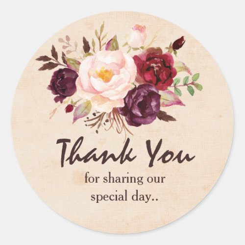 Burgundy Red Floral Rustic Boho Thank You Classic Round Sticker