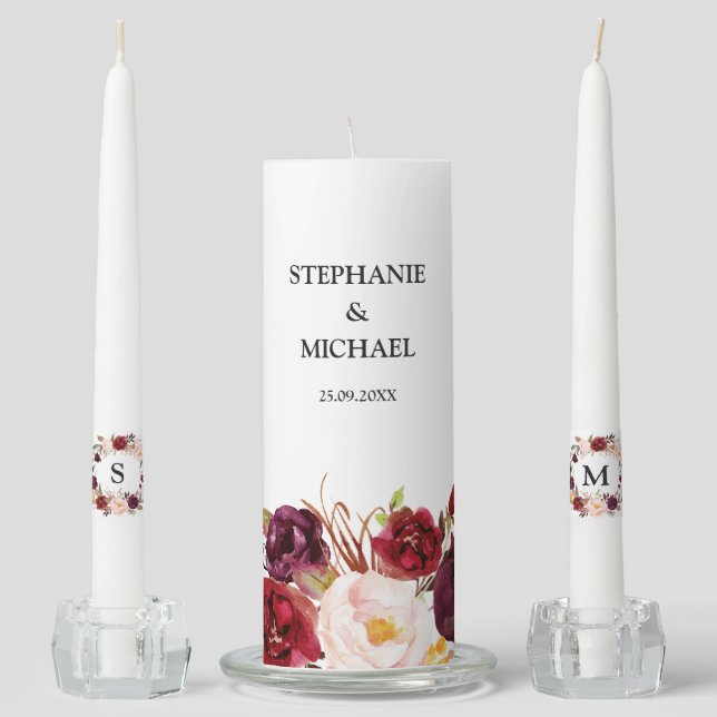 Burgundy Red Floral Rustic Boho Unity Candle (Front)