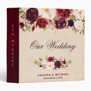 Burgundy Red Floral Rustic Boho Wedding Album 3 Ring Binder