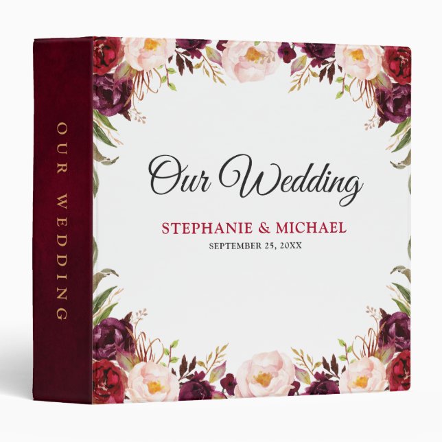 Burgundy Red Floral Rustic Boho Wedding Album 3 Ring Binder (Front/Spine)