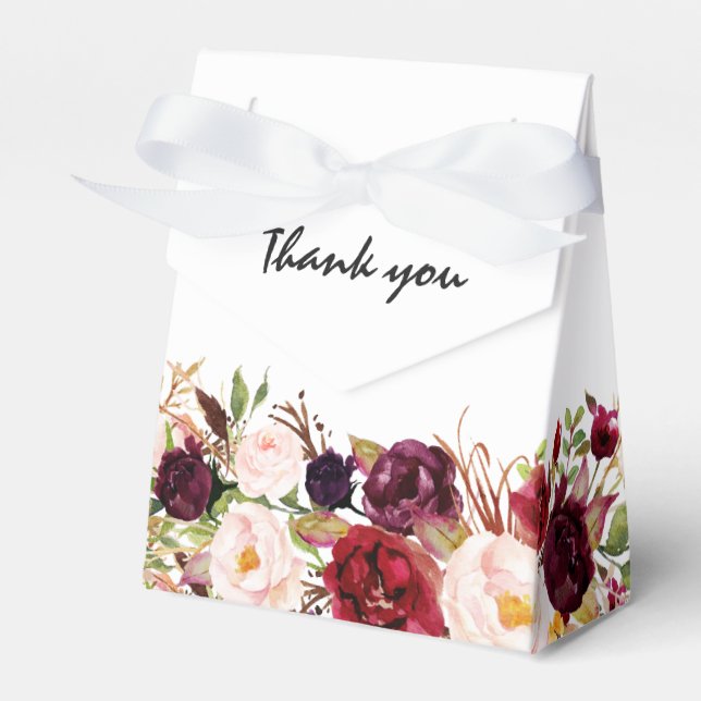 Burgundy Red Floral Rustic Boho Wedding Favor Boxes (Front Side)