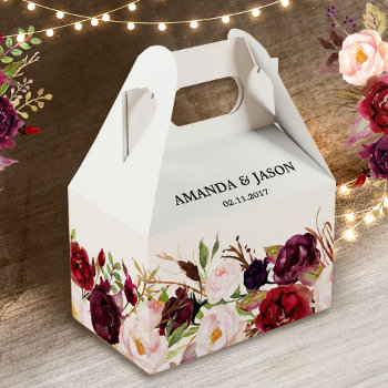 Burgundy Red Floral Rustic Boho Wedding Favor Boxes by blissweddingpaperie at Zazzle