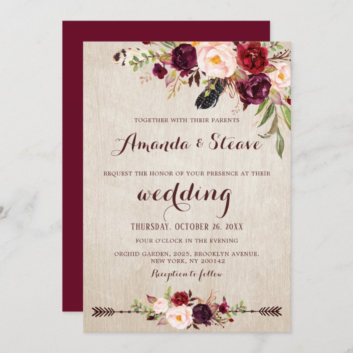 Burgundy Red Floral Rustic Boho Wedding Invitation Zazzle Com