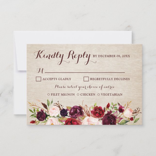 Burgundy Red Floral Rustic Boho Wedding RSVP Card (Front)