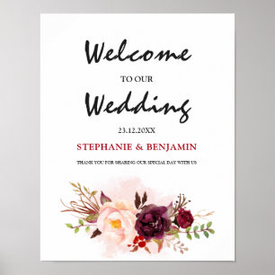 Burgundy Red Floral Rustic Boho Wedding Sign