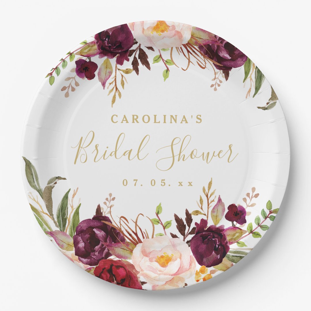 Burgundy Red Floral Rustic Bridal Shower Paper Plates | Zazzle