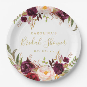 Burgundy Red Floral Rustic Bridal Shower Paper Plates