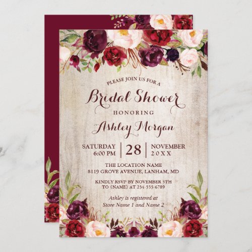 Burgundy Red Floral Rustic County Bridal Shower Invitation - *** See Matching Items: https://zazzle.com/collections/119317604585818056 *** ||| 

Burgundy Red Floral Rustic County Look Bridal Shower Invitation. 
(1) For further customization, please click the "customize further" link and use our design tool to modify this template. 
(2) If you prefer Thicker papers / Matte Finish, you may consider to choose the Matte Paper Type. 
(3) If you need help or matching items, please contact me.